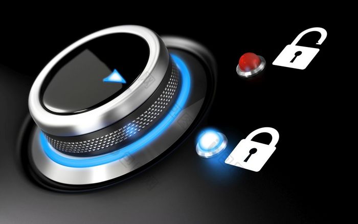 数据保护图像概念上的插图与按钮和两个挂锁在黑色的背景模糊效果和蓝色的光数据保护