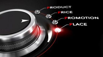 开关按钮定位的词的地方黑色的背景和红色的光概念上的图像为插图市场营销混合<strong>产品价格</strong>促销活动和的地方市场营销混合