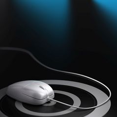 白色鼠标在目标与线黑色的背景蓝色的反射和模糊效果广场图像webmarketing网络营销