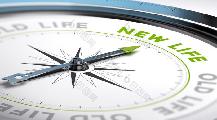 指南针与针指出的文本新生活概念上的插图合适的为改变动机改变为新生活