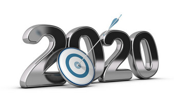一年两个千二十与一个目标和一个箭头打的中心概念上的图像在白色背景为插图长术语目标长中期术语目标