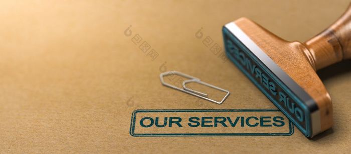 橡胶邮票与的文本我们的服务在棕色（的）纸背景插图我们的服务网络头