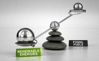 跷跷板包含大和小球体倾向于的可再生能量一边概念能源过渡插图能源过渡更多的可再生能量和少化石燃料