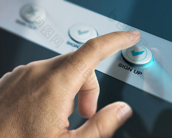 一个手指紧迫的标志按钮在铝背景概念图像为登记新成员标志注册