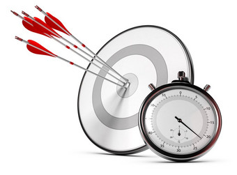 四个箭头打的中心灰色目标+秒表插图聪明的目标可衡量的目标聪明的客观的目标概念