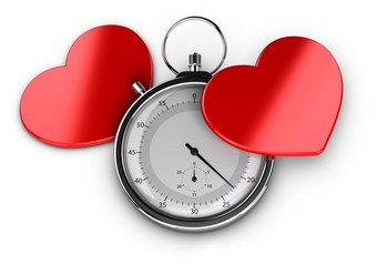 速度约会概念爱第一个视线象征两个心与高度精确的钟表在白色背景速度约会