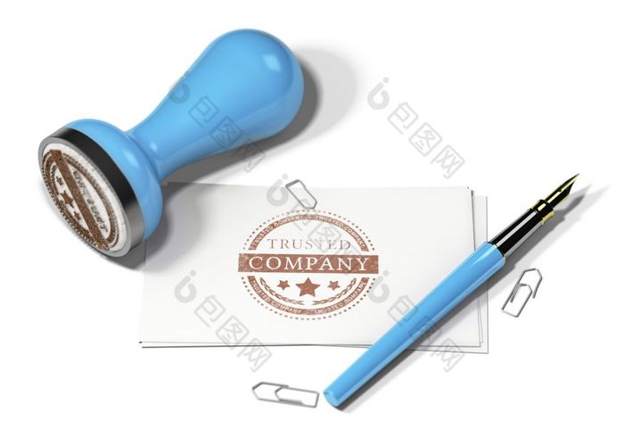 插图橡胶邮票喷泉笔和业务卡片与的文本受信任的公司印刷白色背景概念信任业务受信任的公司