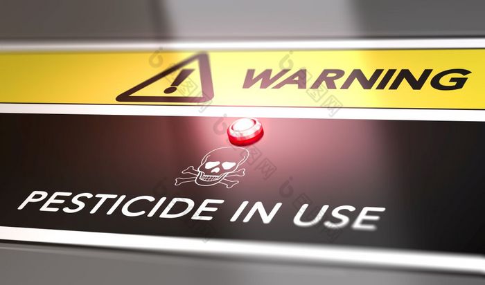插图农药警告标志与红色的光与头骨和骨头象征警告农药曝光