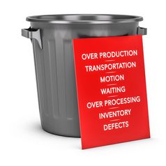 红色的标志安装对灰色垃圾可以与列表七个废物概念精益制造业和年轻的合适的为培训插图的七个废物精益制造业