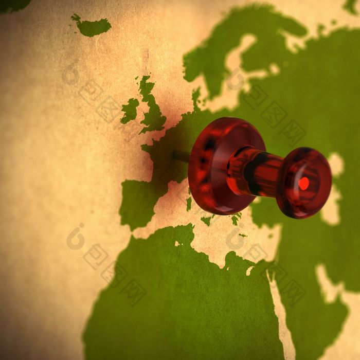 西方欧洲和非洲世界地图与红色的图钉指出法国绿色和棕色（的）颜色回收纸选择目的地西方欧洲