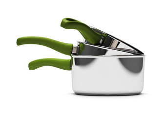 三个空锅在白色背景与绿色处理厨房用具三个空锅在白色背景与绿色处理