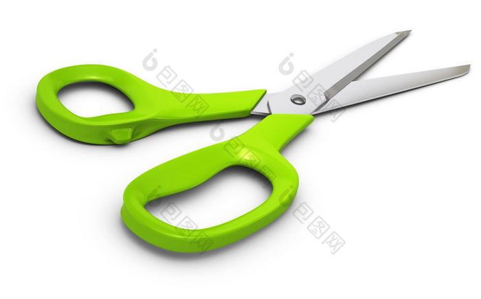 剪刀与绿色塑料处理和锋利的叶片渲染绿色剪刀