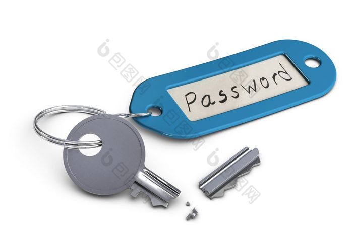 破碎的关键与塑料密匙环与的词密码手写的在白色背景无效的密码黑客攻击密码概念