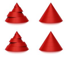 锥形形状切片红色的金字塔四个五个水平白色背景和反射锥形形状切片水平