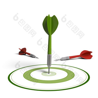 一个绿色飞镖<strong>打击</strong>的中心的圆靶和两个红色的飞镖失败的<strong>打击</strong>的客观的白色背景改善结果概念市场针对概念改善结果