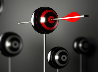 一个红色的箭头打的中心球目标与其他模糊目标周围黑色的背景与光效果超过了<strong>自己超越</strong>概念