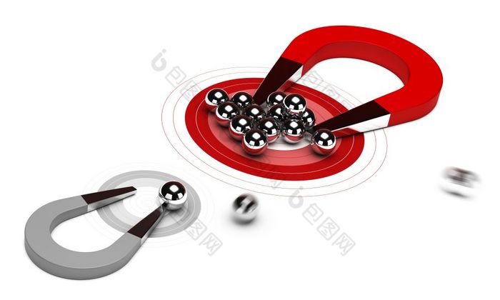 马蹄磁铁与许多球红色的目标+一个小灰色飞镖渲染图像在白色背景战略市场营销策略