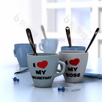浪漫的工作场所的关系概念组成两个杯子在哪里写爱秘书和老板浪漫的工作场所的关系
