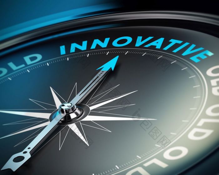 指南针针指出的词创新概念创新和业务解决方案黑色的背景创新业务概念