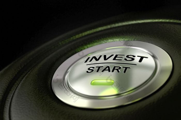 摘要投资开始按钮金属材料绿色颜色和黑色的变形背景焦点的主要词和模糊效果投资概念投资机会