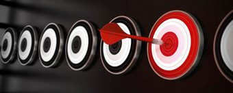 许多目标在黑色的背景与反射红色的飞镖打击的中心一个红色的目标水平横幅风格选择优先级
