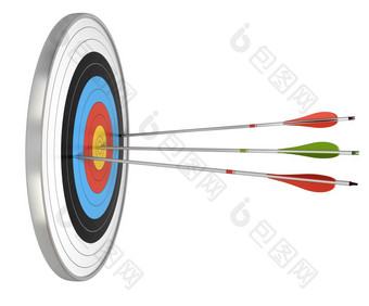 目标和三个箭头的绿色一个打击的中心和的红色的的失败的达到他们目标目标孤立的在白色背景征服逆境