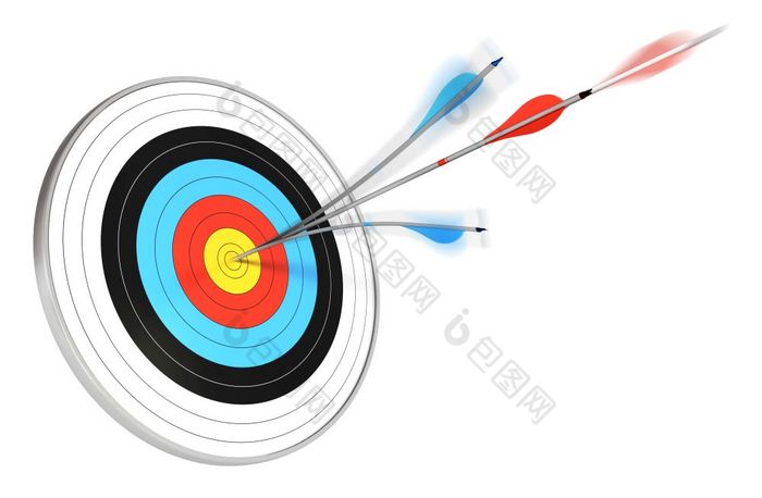 一个蓝色的箭头分裂与红色的箭头打的中心目标渲染在白色背景体育运动竞争竞争力