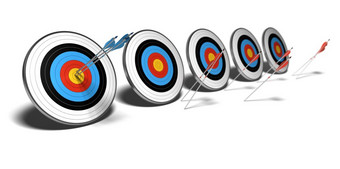 许多目标在白色背景与影子的第一个集蓝色的箭头打击的中心的第一个目标的红色的箭头失败的达到他们的目标赢家失败者风险管理