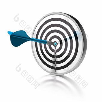 蓝色的飞镖<strong>指出</strong>的中心目标的目标孤立的在白色背景目标客观的