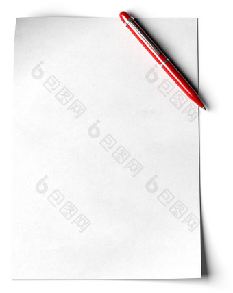 空白页面与红色的球点笔的角的页面在白色背景空白页面