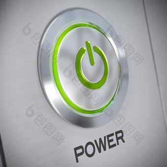 权力按钮刷铝面板与绿色光和的象征能源开始模糊效果权力按钮电脑能源保存