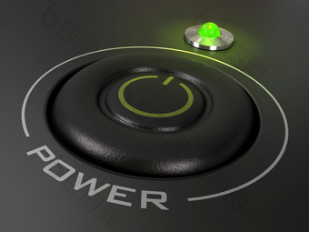 权力<strong>按钮</strong>个人电脑的绿色领导光图像在黑色的背景权力<strong>按钮开始</strong>个人电脑