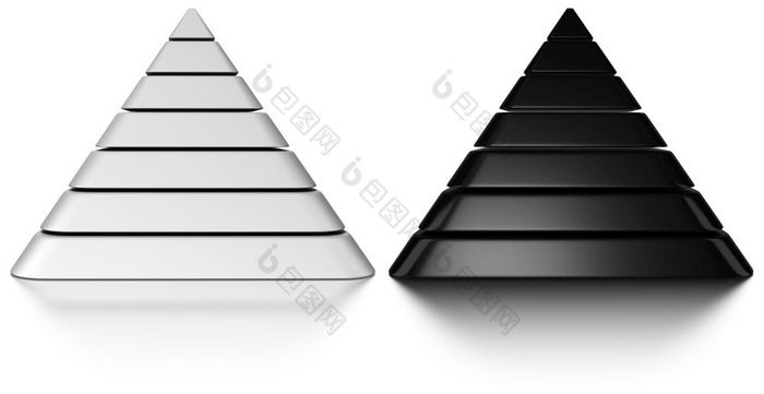 黑色的和白色金字塔到白色背景与反射黑色的和白色金字塔