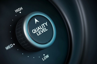 质量水平按钮与低媒介和高职位按钮定位的最高位置黑色的和蓝色的背景模糊效果高水平质量管理