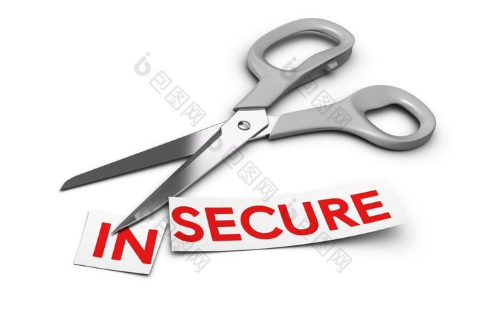 词不安全的减少两个部分和安全剪刀的背景渲染在白色概念安全不安全的安全安全概念