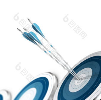 三个箭头支安打的中心蓝色的目标在那里其他dartboards周围白色背景图像合适的为的底页面战略市场营销咨询概念