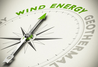 指南针与针指出的文本风能源绿色和可再生能量概念模糊效果与焦点的主要词绿色能量选择风能源概念