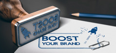 橡胶邮票与的文本提高你的品牌和火箭象征印刷表纸概念市场营销插图市场营销服务品牌提高
