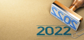 橡胶邮票与的一年印刷棕色（的）纸背景与Copyspace的左一边一年两个千和二十两个概念