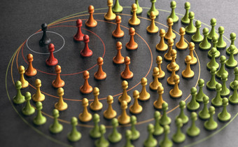 插图棋子在黑色的Backgound与圈概念影响者市场营销和球体影响球体影响影响者市场营销