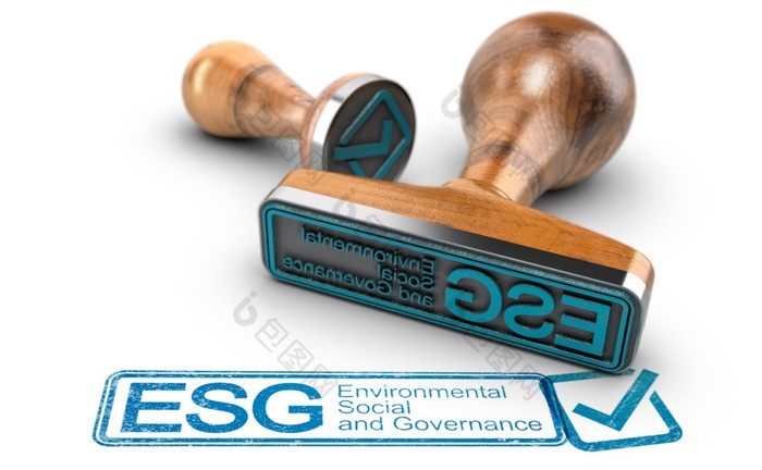 环境、社会和治理环境社会和治理印刷蓝色的与两个橡胶邮票在白色背景企业责任概念企业责任环境、社会和治理环境社会和企业治理