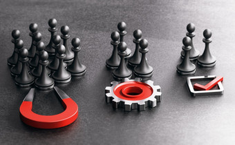 马蹄磁铁齿轮和马克与棋子在黑色的背景概念入站市场营销吸引力订婚和<strong>转换</strong>新领导插图入站市场营销吸引参与和<strong>转换</strong>新客户生成领导