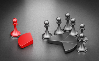 红色的和黑色的馅饼图表与棋子在黑色的背景市场<strong>分享</strong>业务竞争插图取市场<strong>分享</strong>从竞争对手