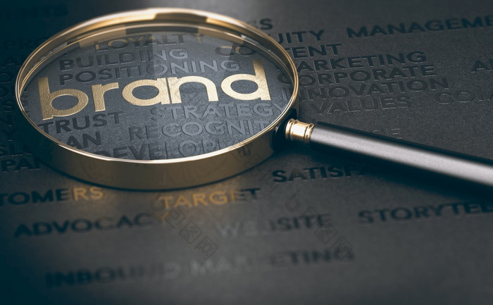 品牌市场营销和管理品牌重塑概念插图放大玻璃在金和黑色的单词品牌管理品牌重塑概念
