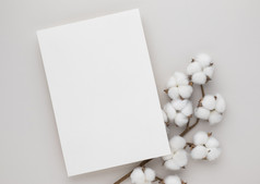 白色邀请卡模型与棉花花米色背景最小的米色工作场所作文平躺模型
