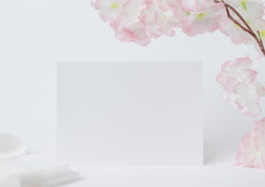 问候卡模拟装饰与白色花前面视图空白纸卡木板和白色背景