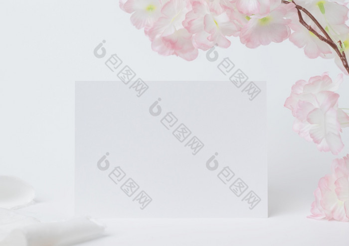 问候卡模拟装饰与白色花前面视图空白纸卡木板和白色背景