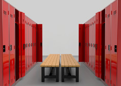 呈现红色的储物柜行分离木板凳上