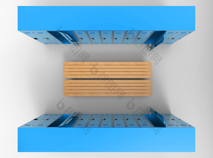呈现空中视图蓝色的储物柜行分离木长凳