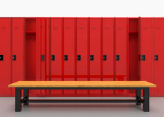 呈现红色的储物柜行与棕色（的）木板凳上灰色的地板上